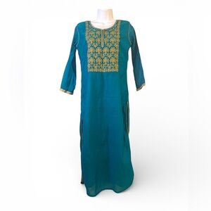 Teal Silk Blend Kurta Gold Embroidery Indian Tunic Dress M